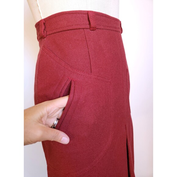 60s 70s Bordeaux WOOL Skirt with POCKETS High Waisted Skirt - Boho Mod XXS - Picture 3 of 8
